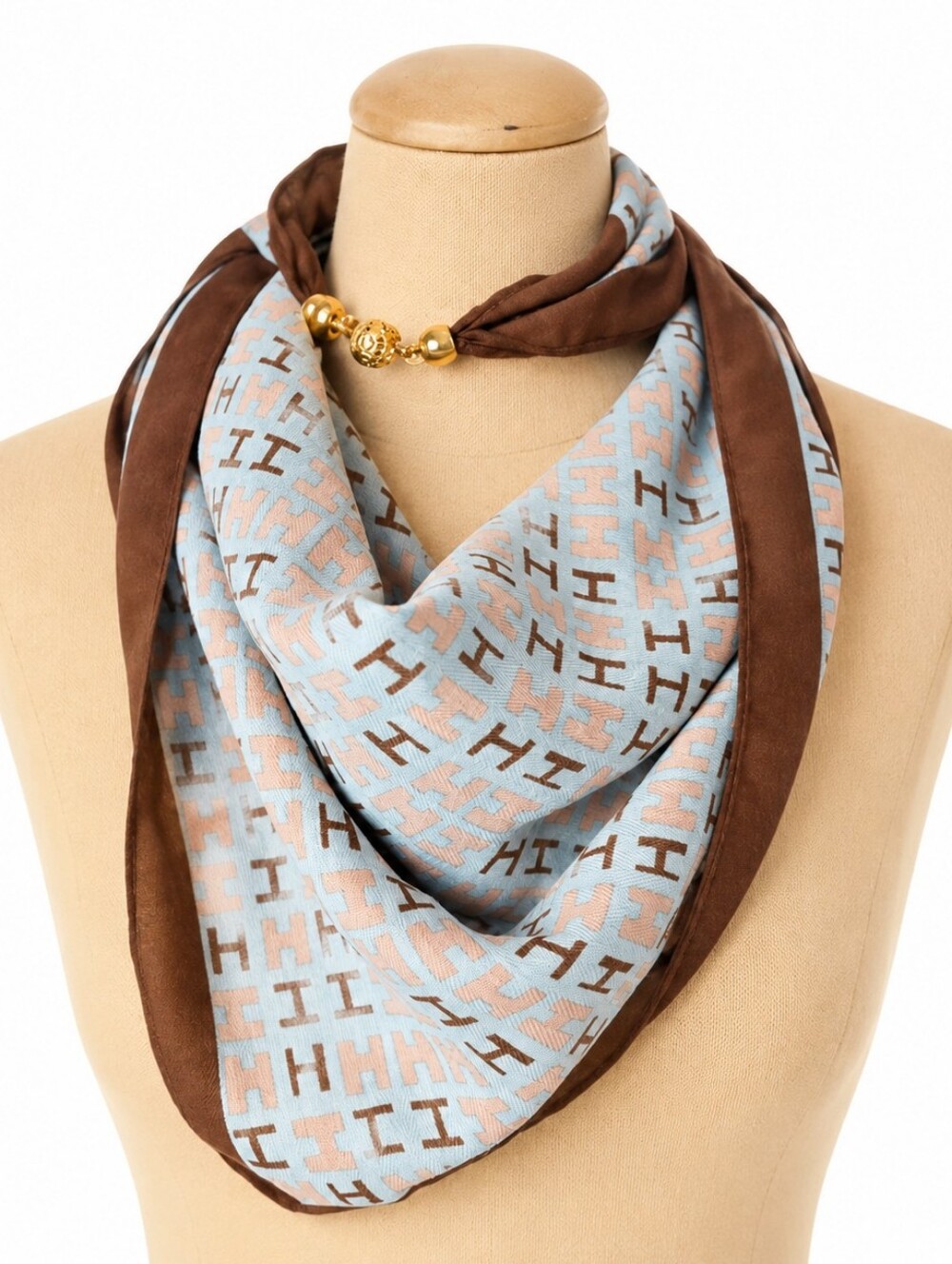 Women’s Blue Brown Pink Pattern Scarf with Gold Clasp